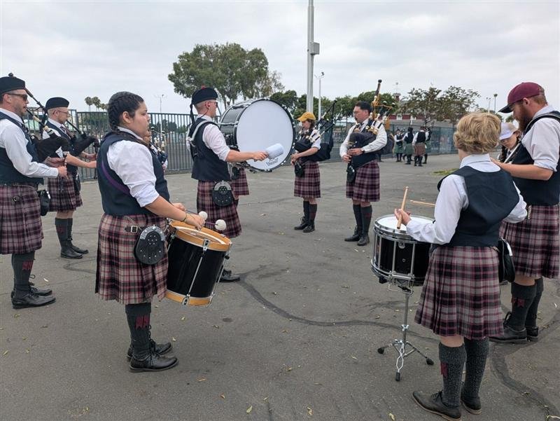 The drum corps warming up
