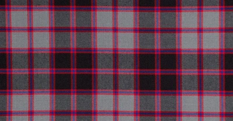 Swatch of MacPherson Hunting tartan: grey and black with pink and white lines